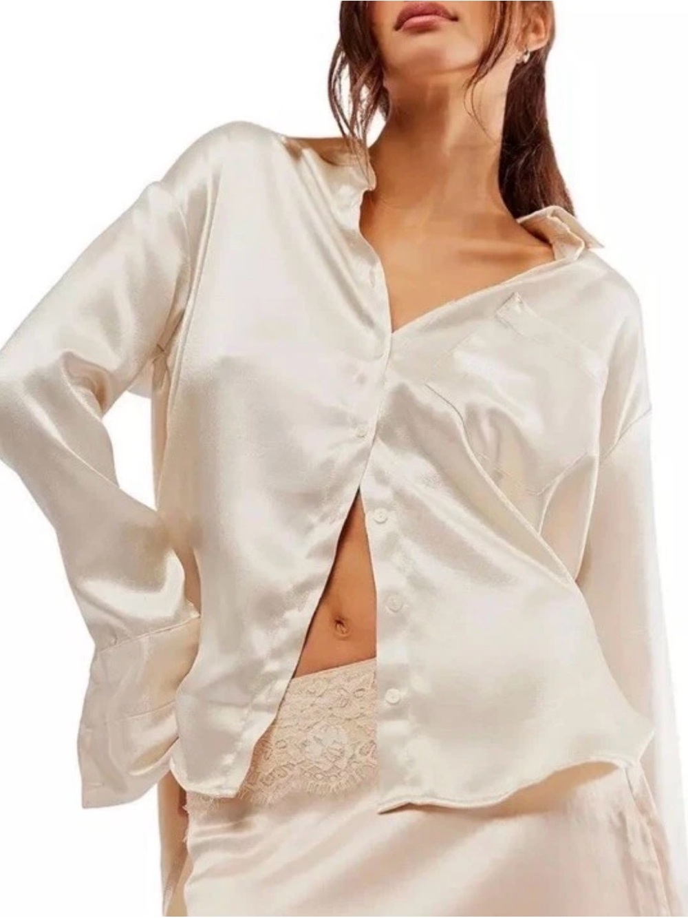 Free People "Shooting For The Moon" blouse ivory satin finish sz L